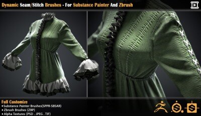 动态接缝缝线笔刷套装 – Substance Painter与ZBrush专业服装细节素材