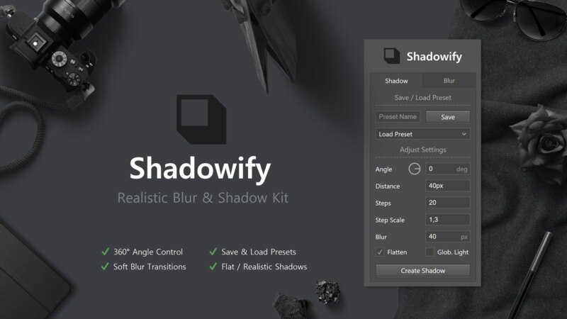 PS插件-专业级真实模糊阴影制作工具 Shadowify Realistic Blur & Shadow Kit - GFXHUB