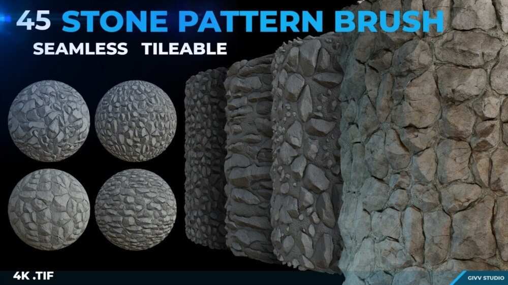 45 Stone Pattern Brush 4K 无缝石材图案笔刷｜TIF 高清纹理素材 - GFXHUB
