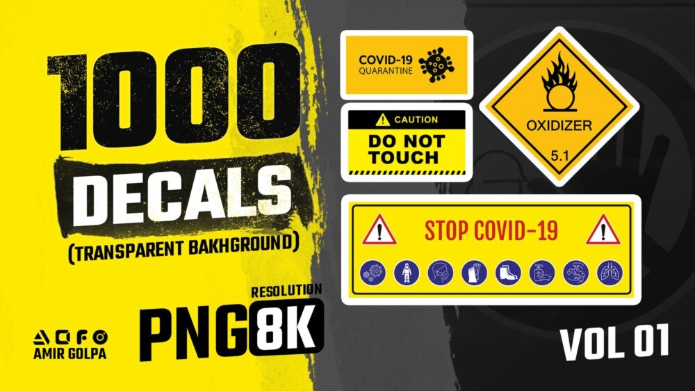 1000 Decals Vol.1 科幻标识贴纸合集｜高清交通警示 UI 图标 3D 贴图素材 - GFXHUB