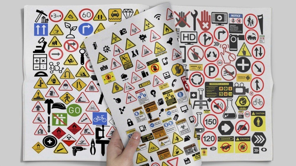 1000 Decals Vol.1 科幻标识贴纸合集｜高清交通警示 UI 图标 3D 贴图素材 - GFXHUB