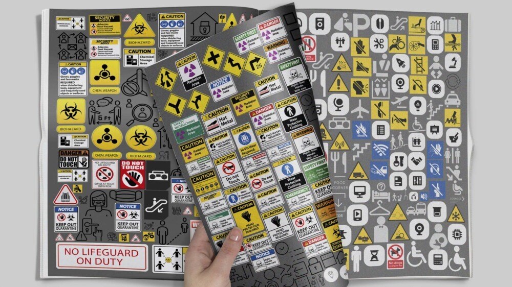 1000 Decals Vol.1 科幻标识贴纸合集｜高清交通警示 UI 图标 3D 贴图素材 - GFXHUB