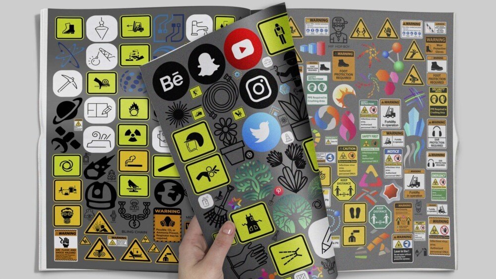 1000 Decals Vol.1 科幻标识贴纸合集｜高清交通警示 UI 图标 3D 贴图素材 - GFXHUB