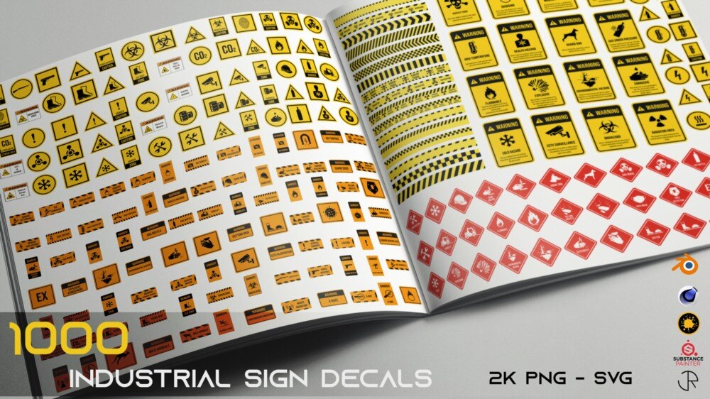 Industrial Sign Decal 1000 款工业标识贴图 2K 透明 PNG+SVG 可编辑矢量贴图素材 - GFXHUB